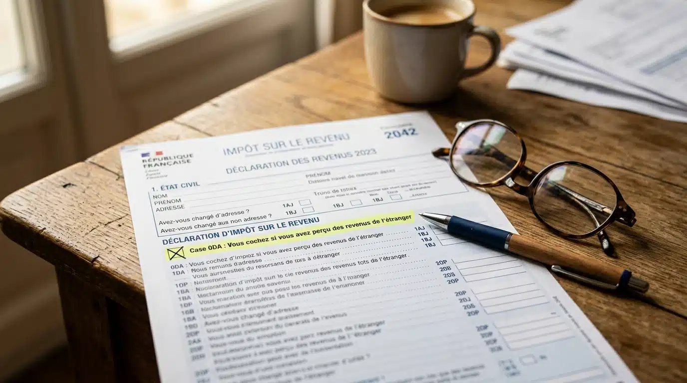 Déclaration d'impôts avec case cochée et lunettes posées