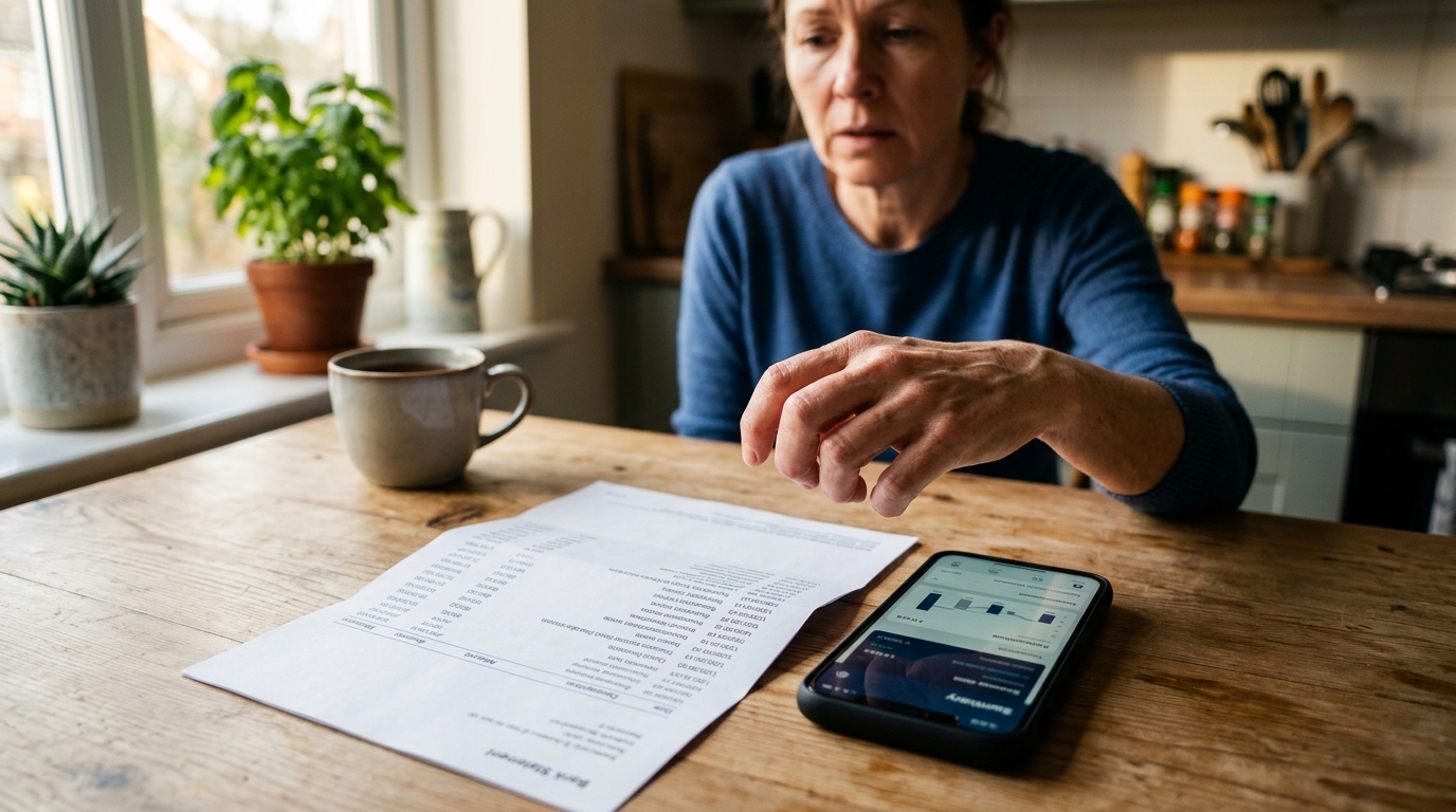 Relevé bancaire et smartphone sur une table de cuisine