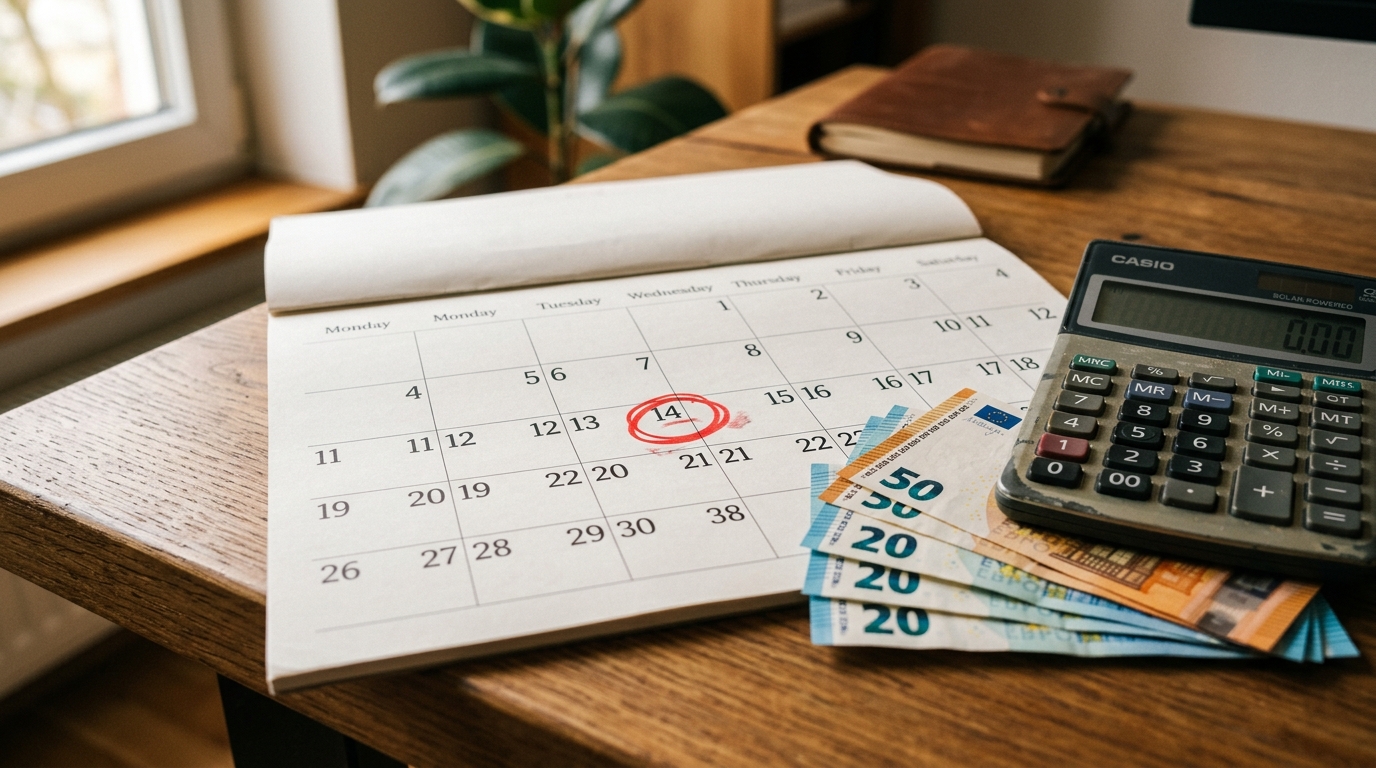 Calendrier avec date encerclée près de billets d'euros