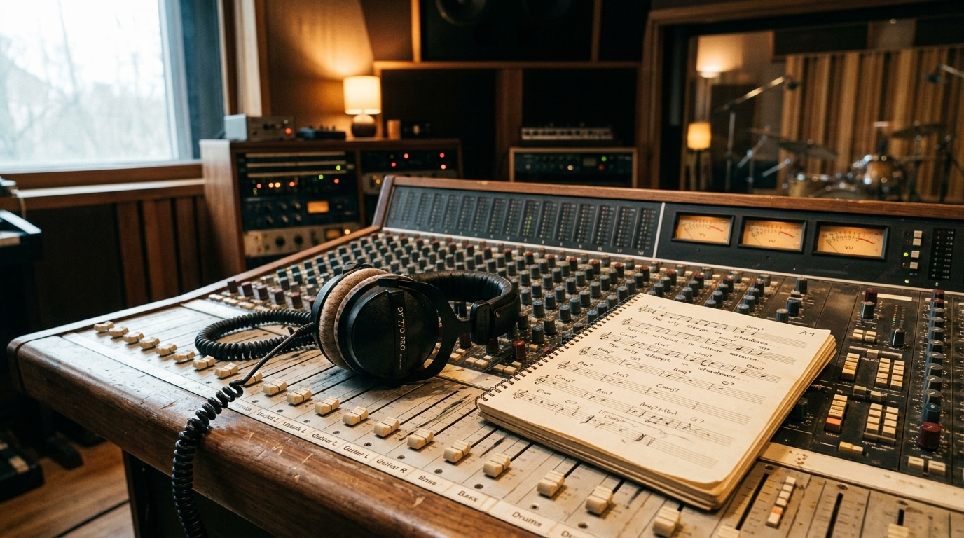 Console de mixage avec casque et carnet de notes dans un studio d'enregistrement
