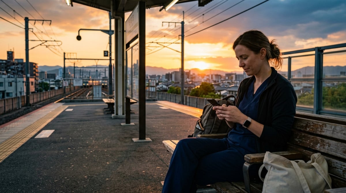Infirmière fatiguée seule sur un quai de gare