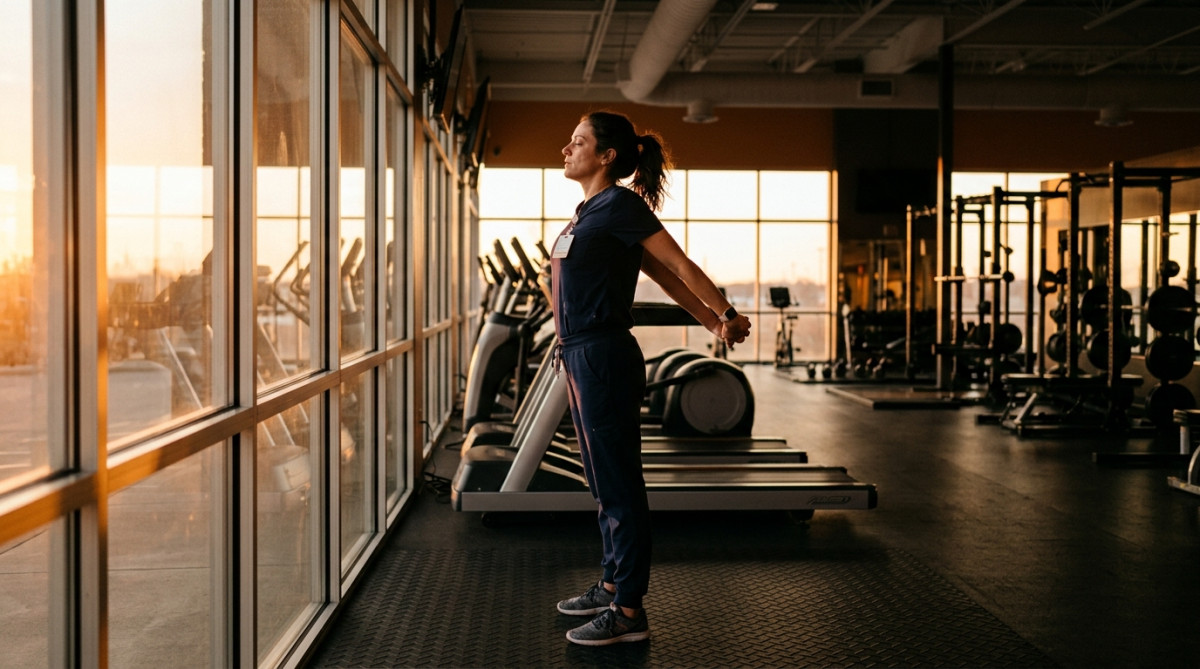 Infirmière s'étirant dans une salle de sport à l'aube