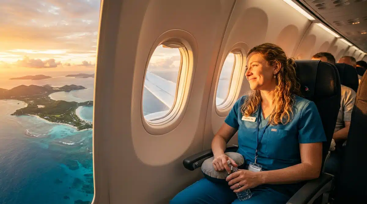 Infirmière souriante dans un avion au coucher du soleil