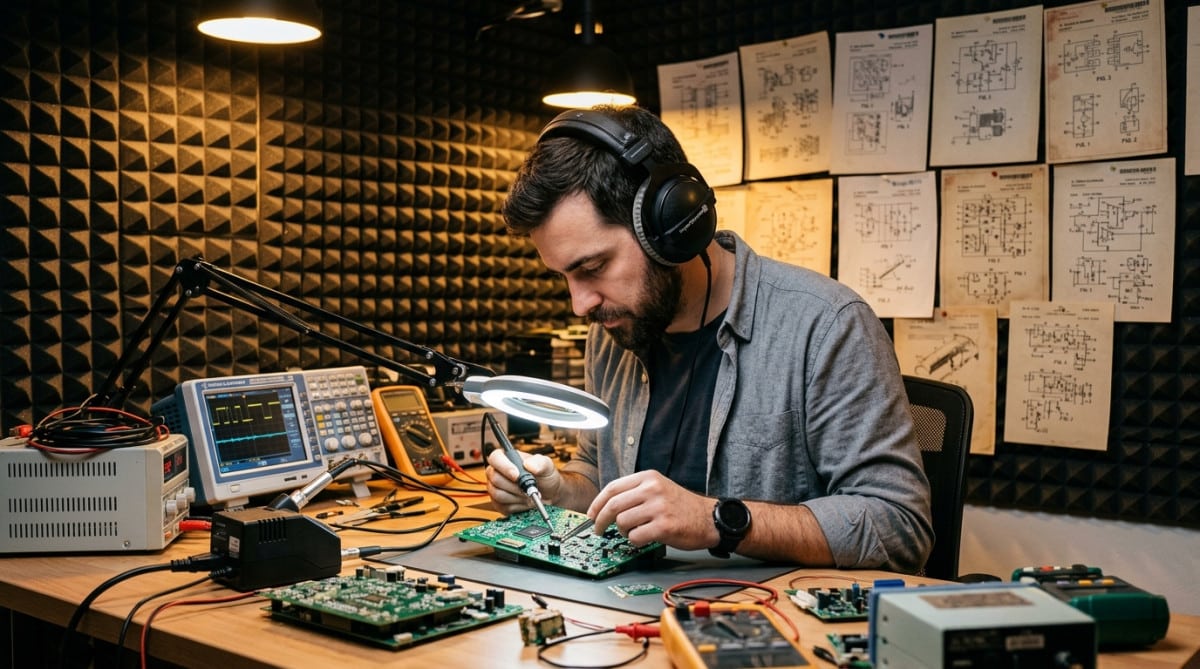 Ingénieur acousticien travaillant sur un prototype de casque