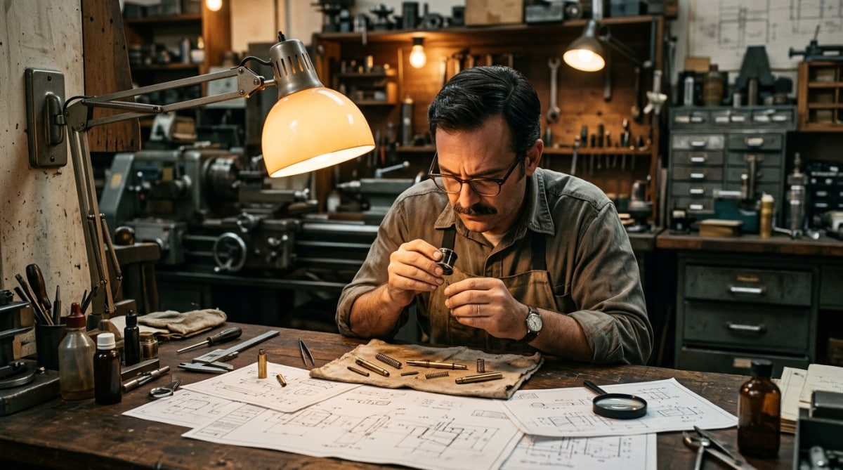 Ingénieur examinant un mécanisme de stylo dans un atelier vintage