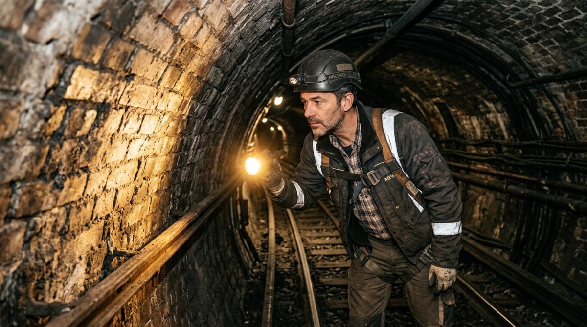 Ingénieur examinant un tunnel étroit du métro de Paris