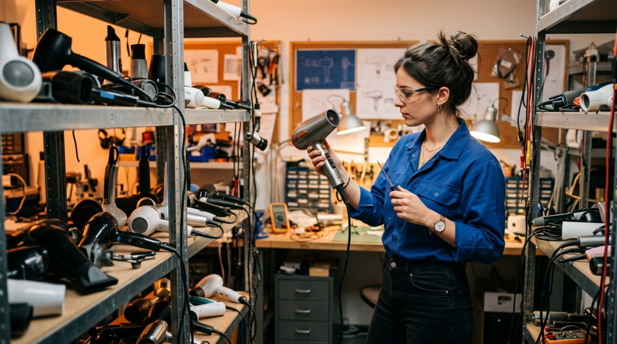 Ingénieur inspectant un prototype de sèche-cheveux dans un atelier