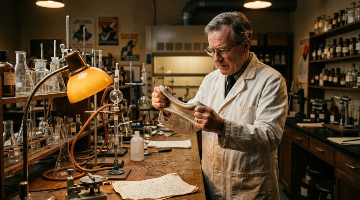 Ingénieur observant la pâte étirable dans un laboratoire des années 1940