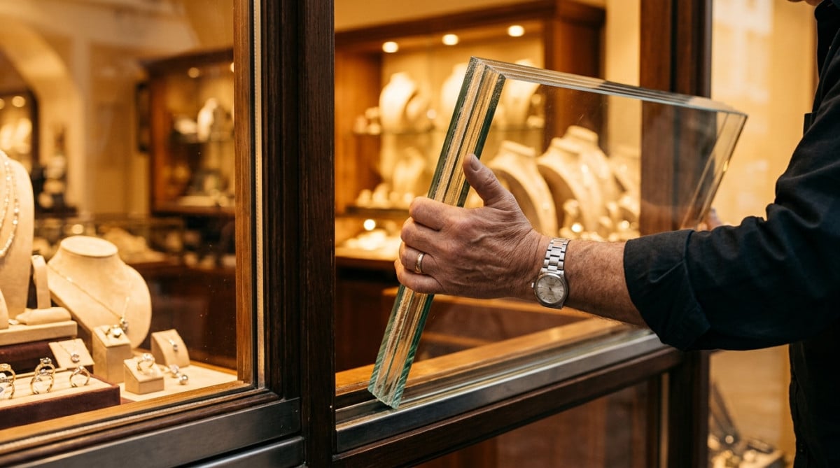 Installation d'une vitrine de bijouterie en verre feuilleté épais