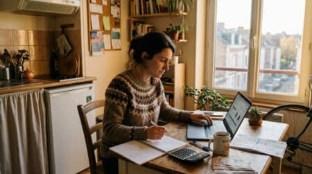 Institutrice calculant son budget mensuel à la maison
