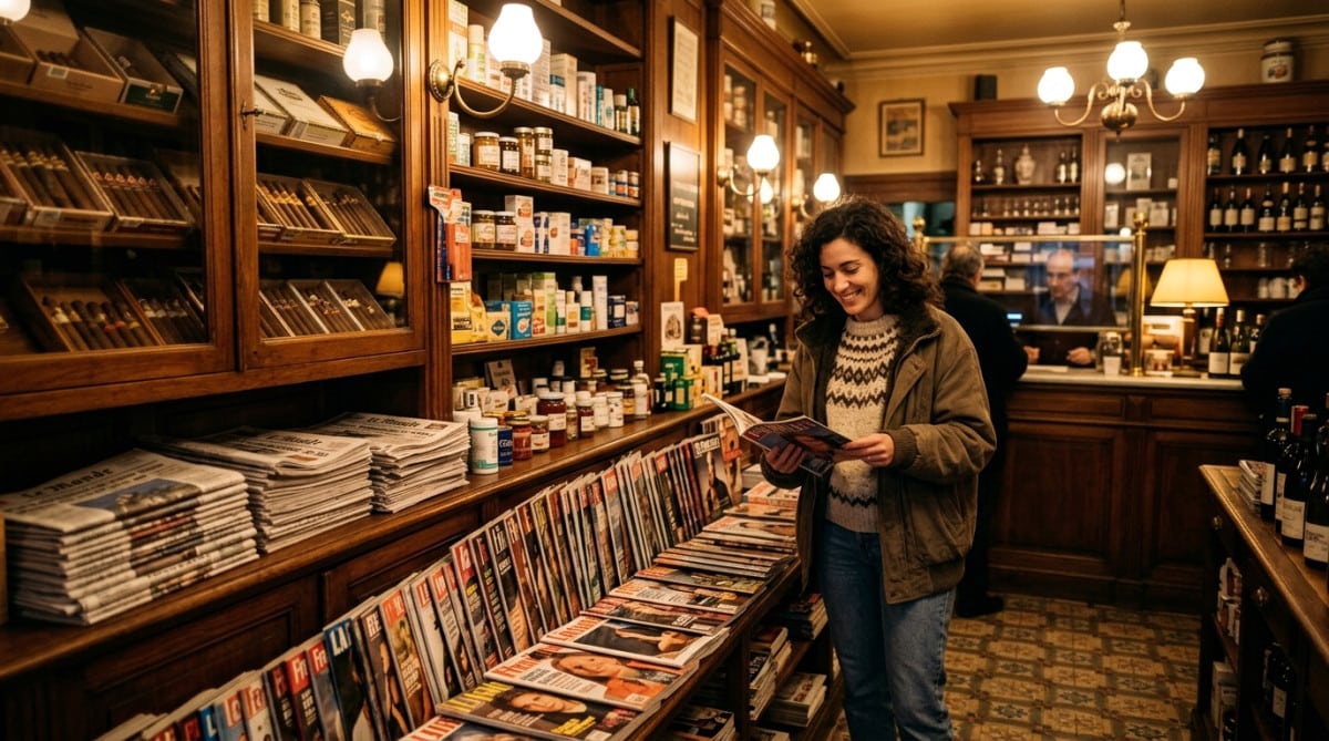Intérieur chaleureux d'un drugstore parisien dans les années 80