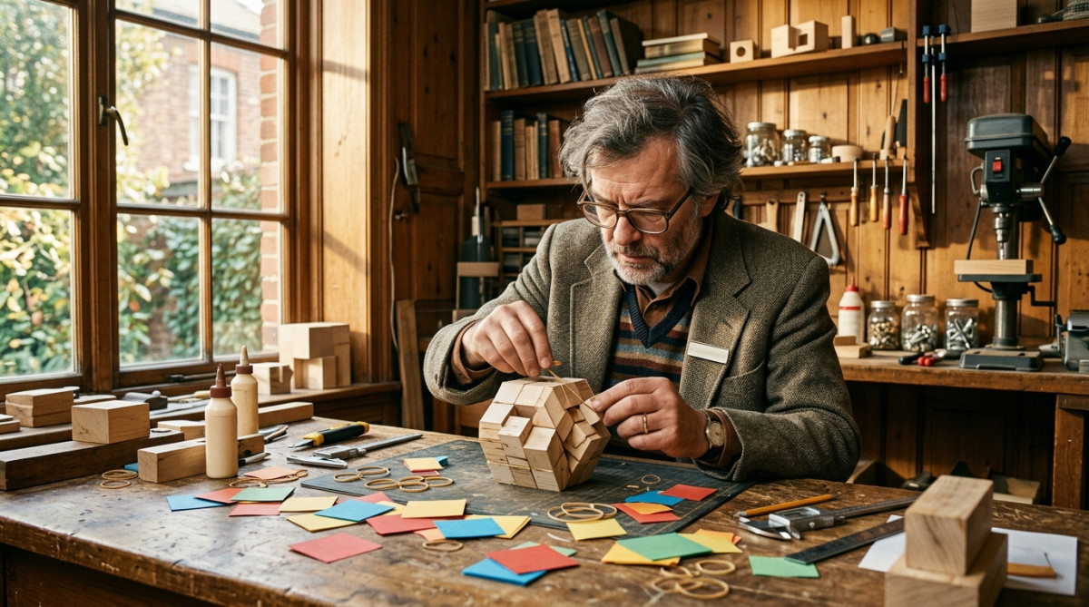 Inventeur assemblant un prototype de cube en bois