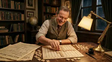 Inventeur des années 1930 fabriquant un jeu de lettres