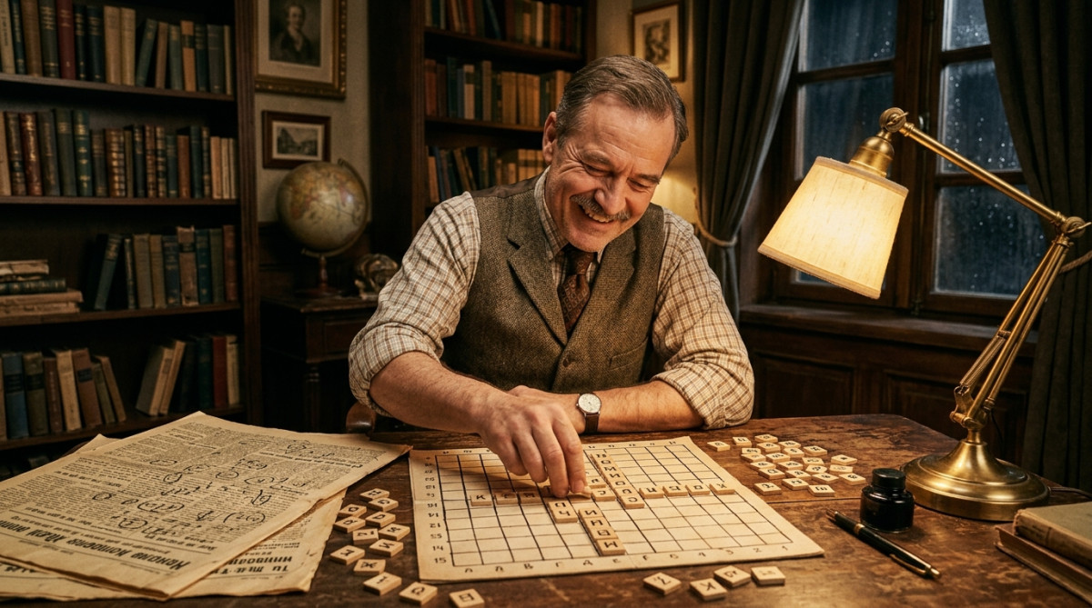 Inventeur des années 1930 fabriquant un jeu de lettres