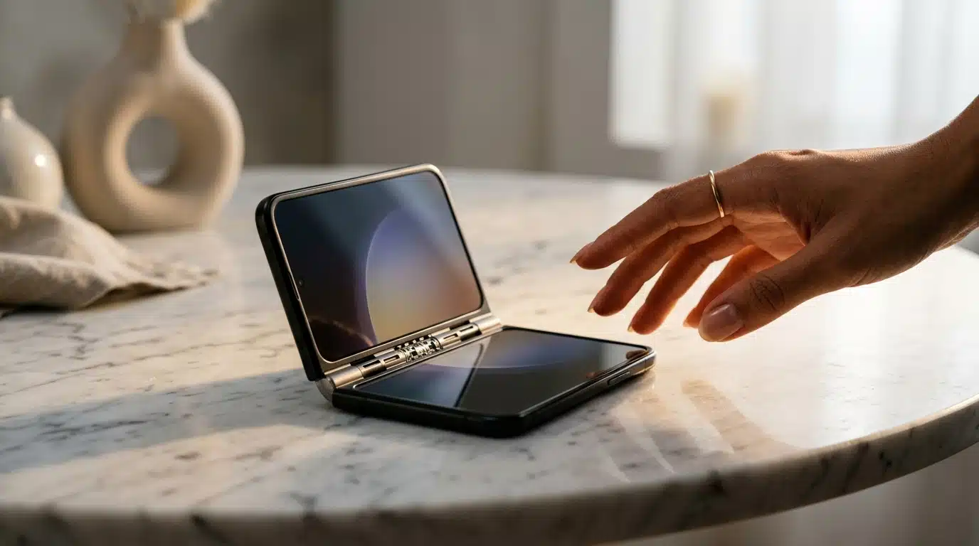 Smartphone pliable ouvert sur une table minimaliste