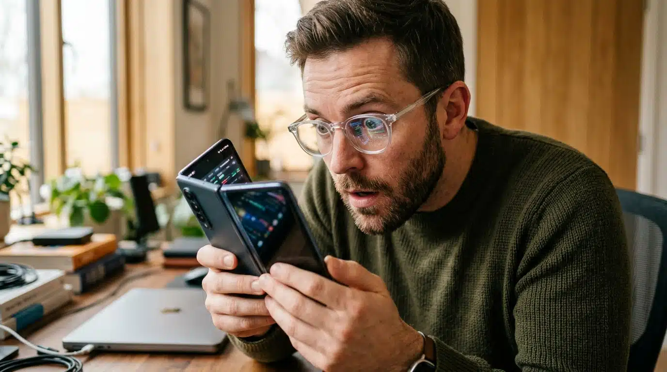 Homme surpris regardant un écran de téléphone pliable