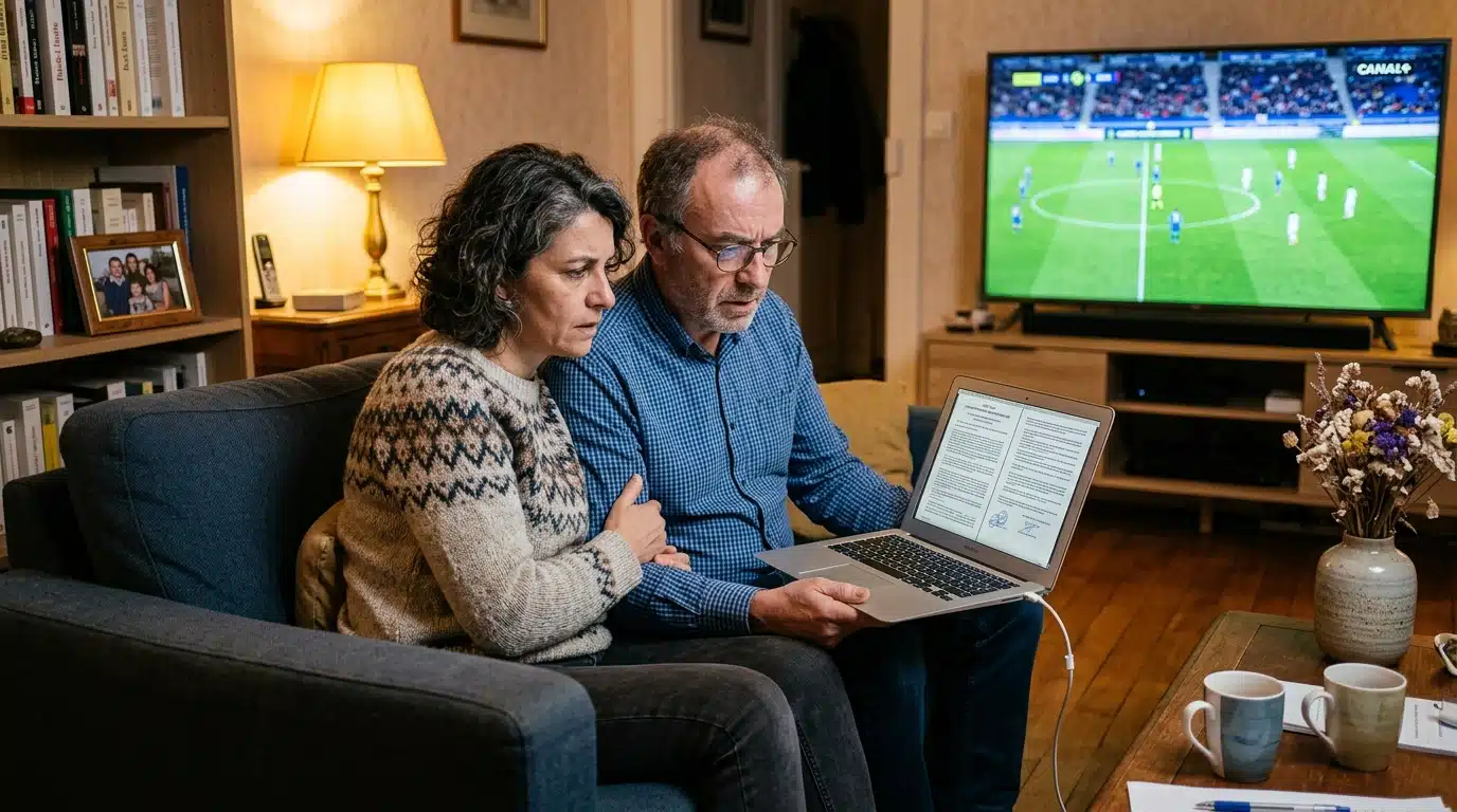 Couple inquiet devant un ordinateur à la maison