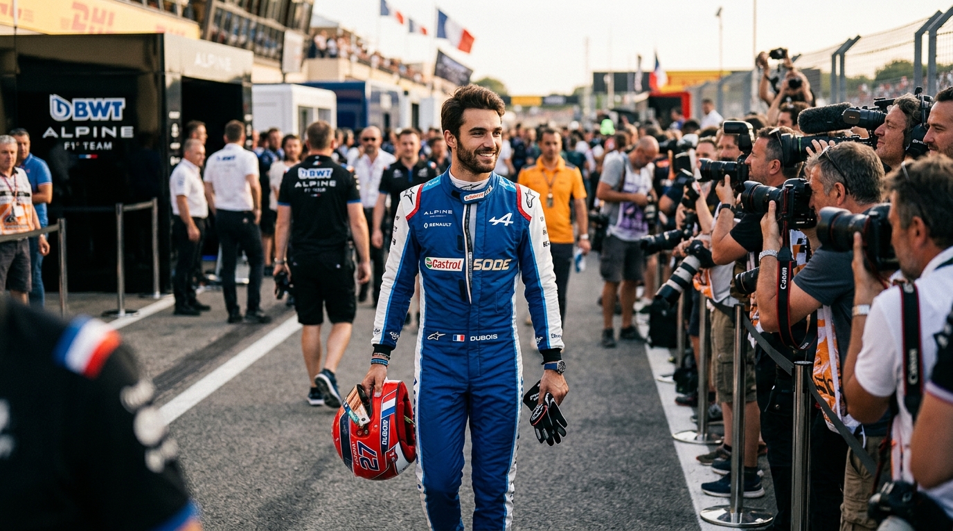 Isack Hadjar souriant dans le paddock en tenue de course