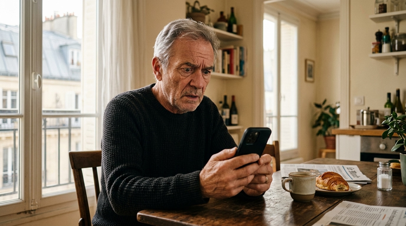 Retraité regardant son smartphone avec surprise à table