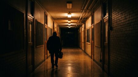 Silhouette dans un couloir d'école vide et sombre