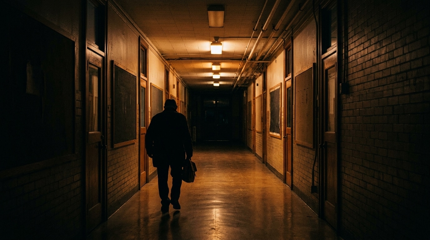 Silhouette dans un couloir d'école vide et sombre