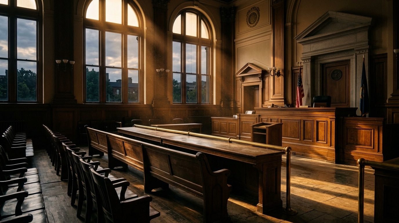 Banc de tribunal vide baigné de lumière dorée