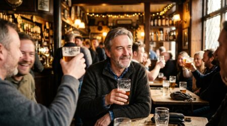 Homme souriant entouré de proches dans un pub anglais