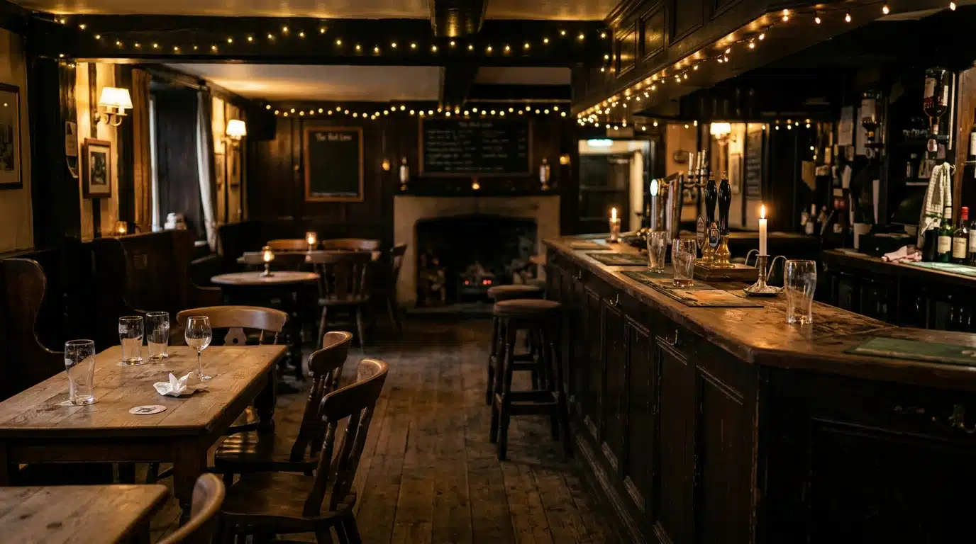 Pub anglais vide et éclairage chaleureux en soirée