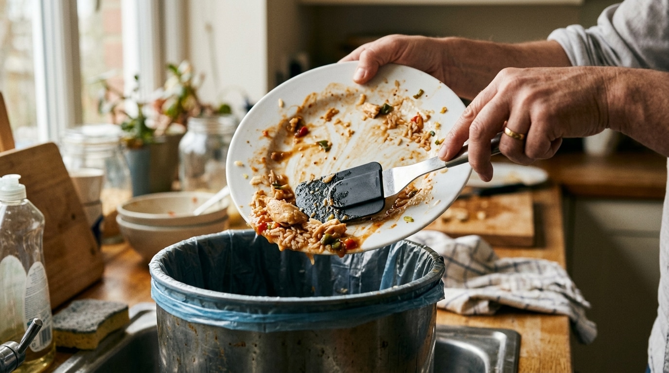 Assiette raclée à la spatule au-dessus d'une poubelle