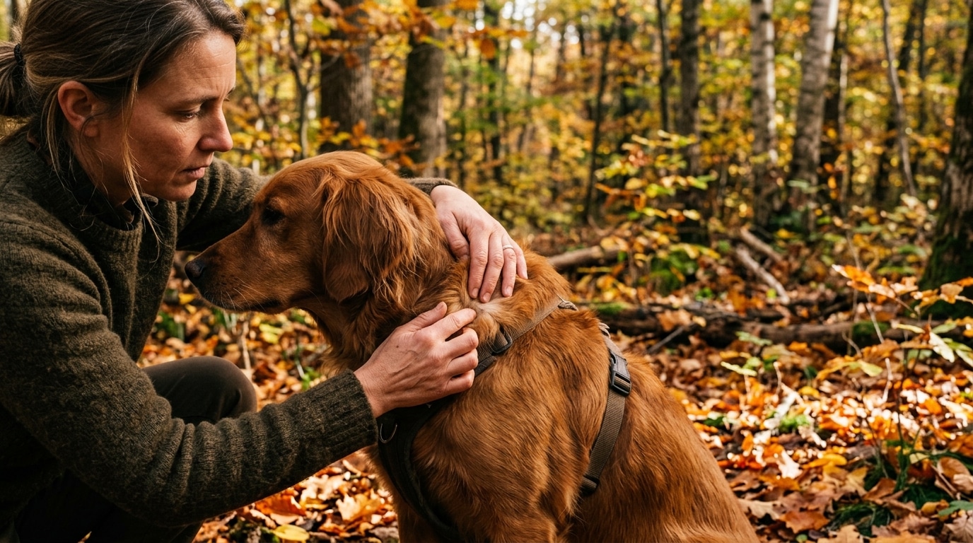 Main examinant le pelage d'un chien en forêt automnale