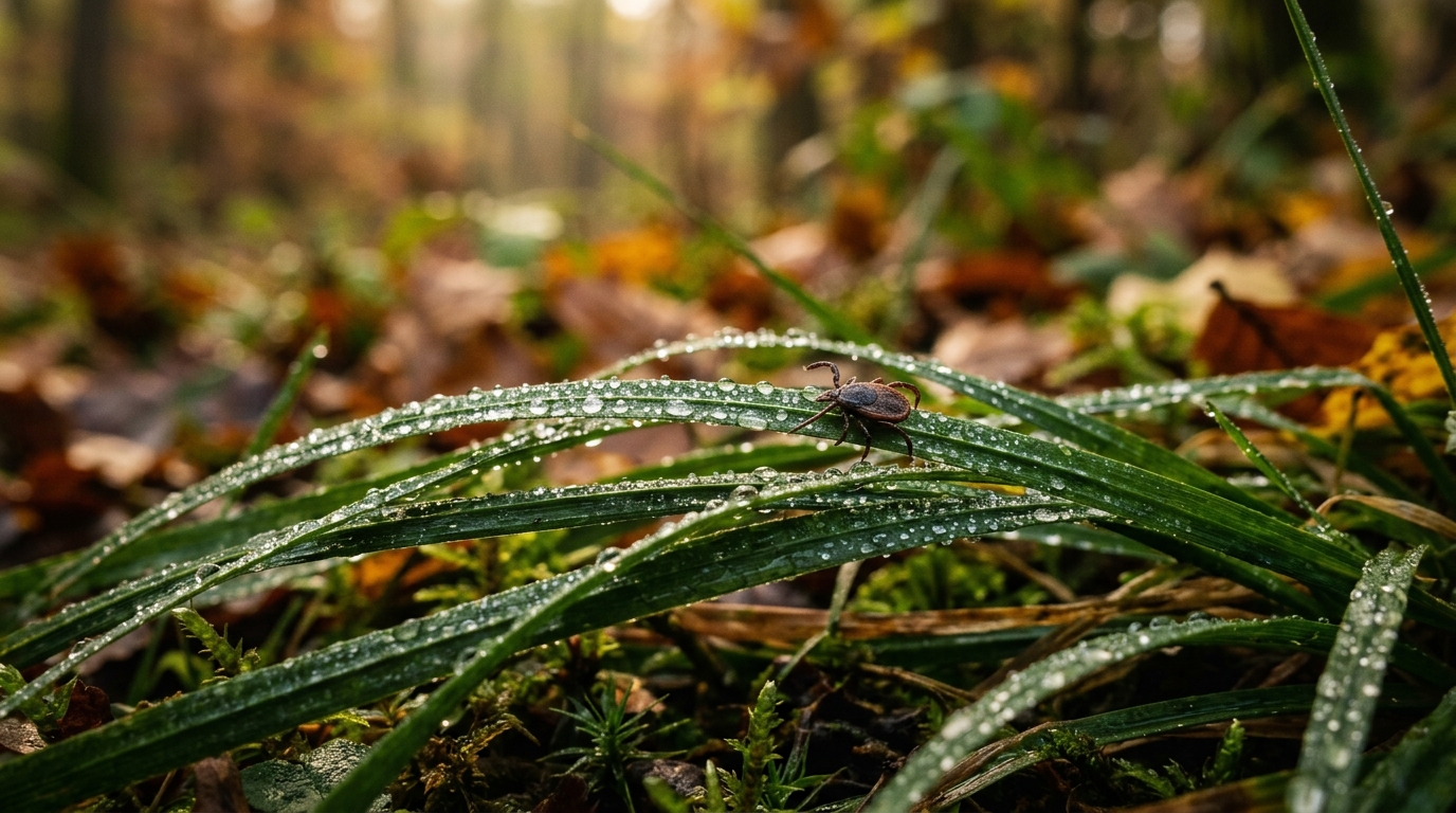 Tique sur brin d'herbe humide en sous-bois
