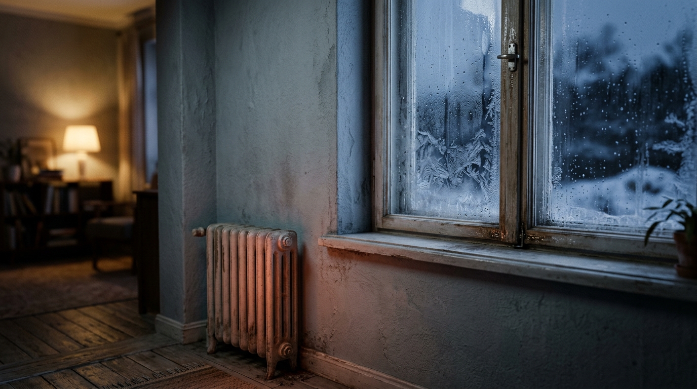 Fenêtre givrée près d'un radiateur en hiver