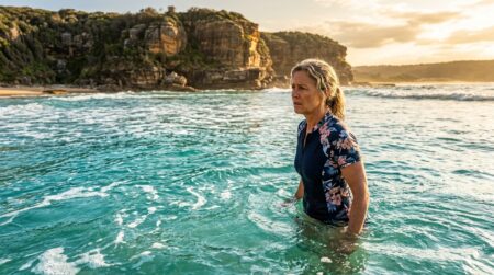 Femme dans l'eau turquoise regardant la surface avec inquiétude