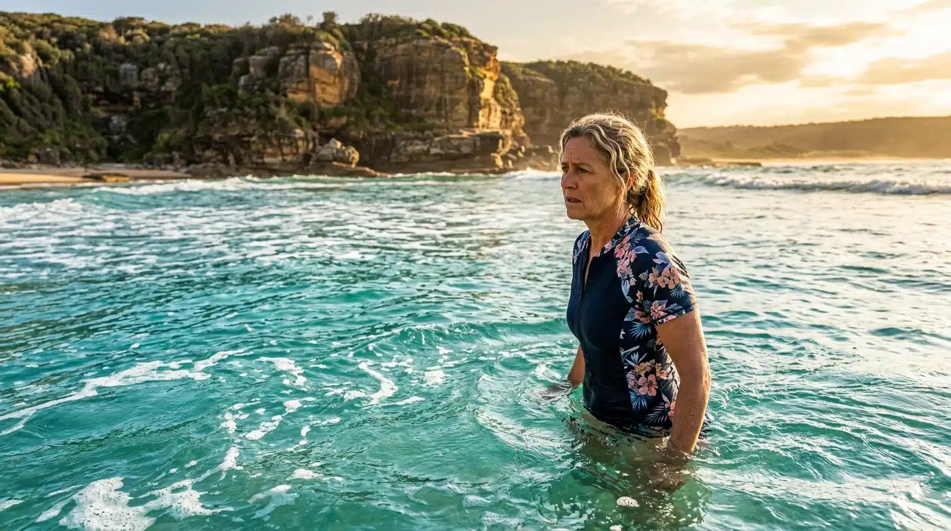 Femme dans l'eau turquoise regardant la surface avec inquiétude