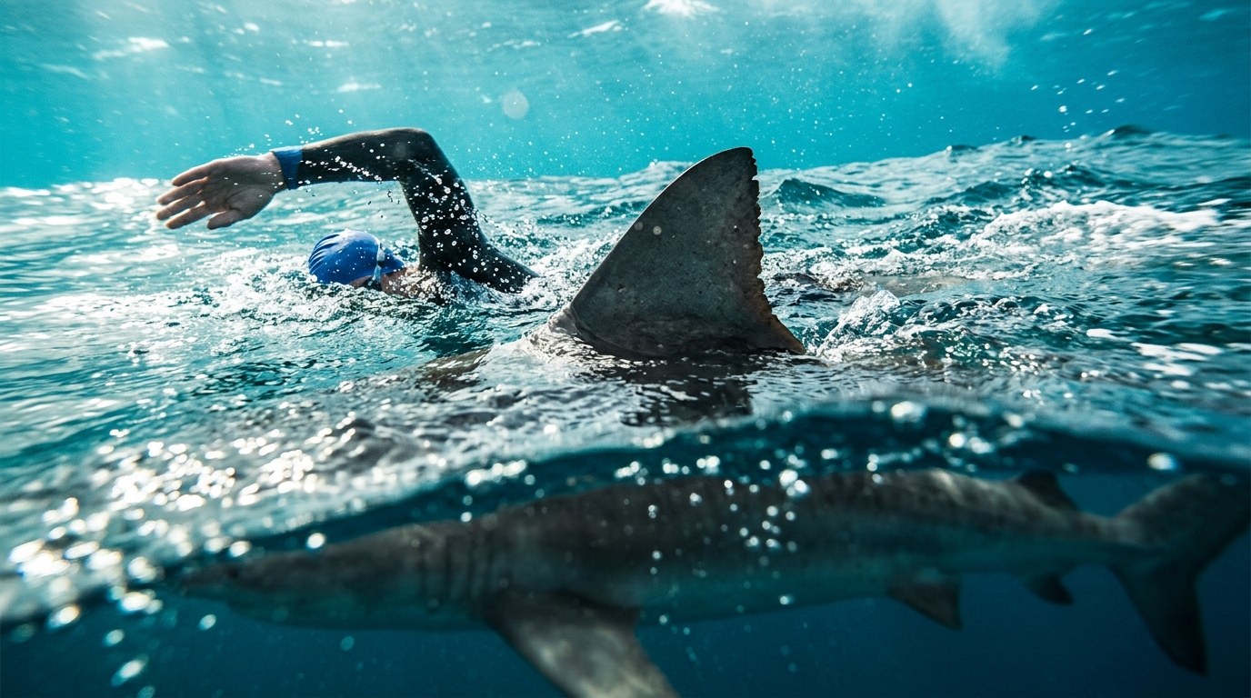 Aileron de requin près d'une nageuse en pleine action