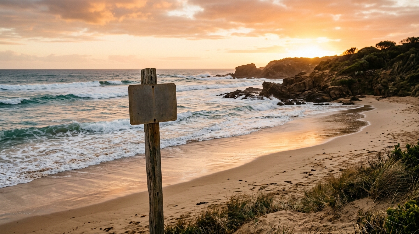 Plage australienne déserte avec panneau d'avertissement au coucher du soleil