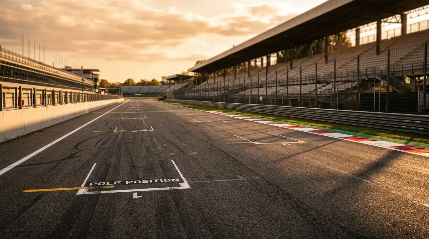 Ligne de départ vide sur circuit de course au coucher du soleil