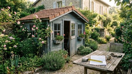 Abri de jardin en bois avec document fiscal sur table