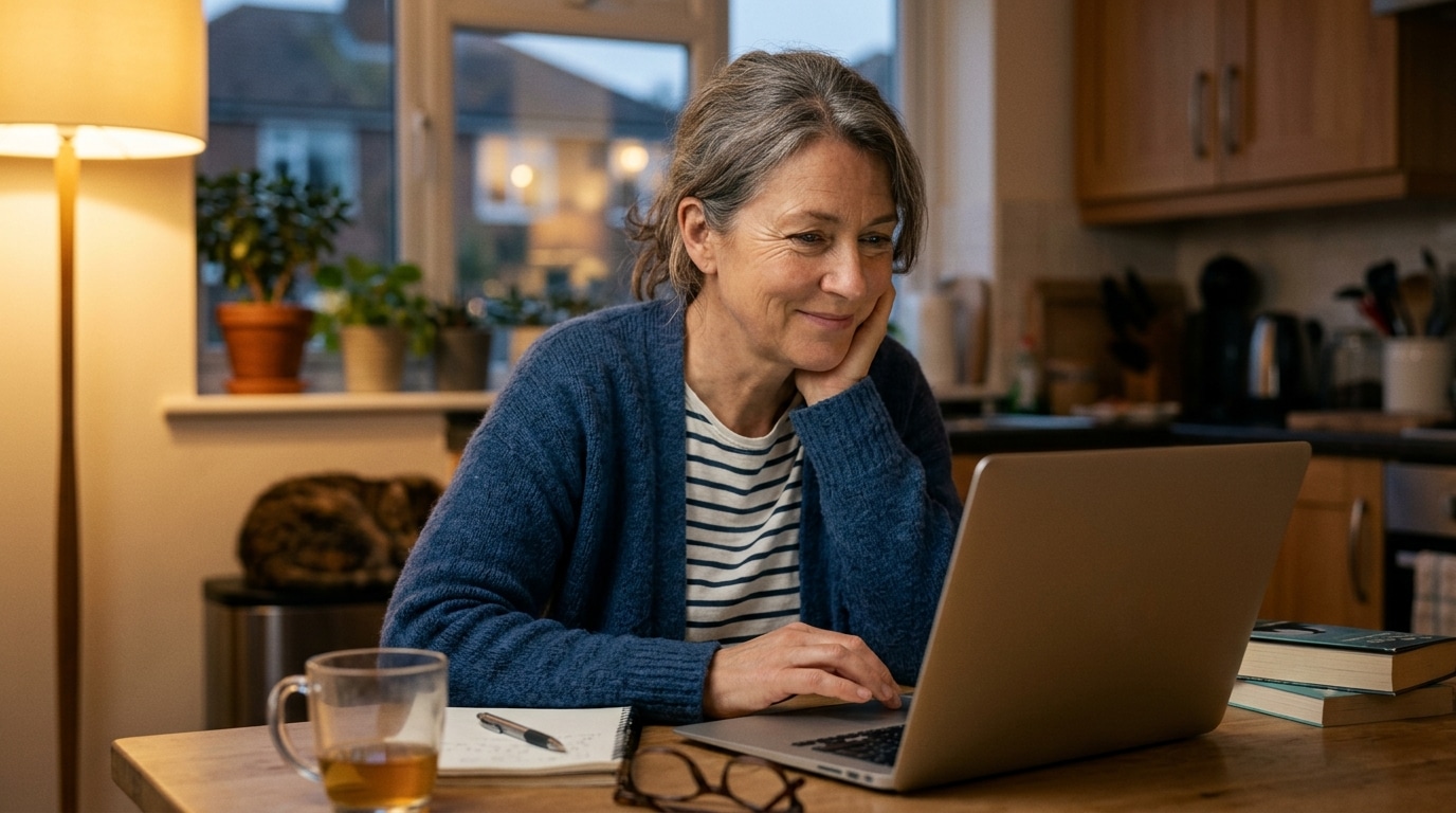 Personne souriante devant un ordinateur portable le soir