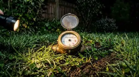 Compteur d'eau éclairé la nuit dans un jardin