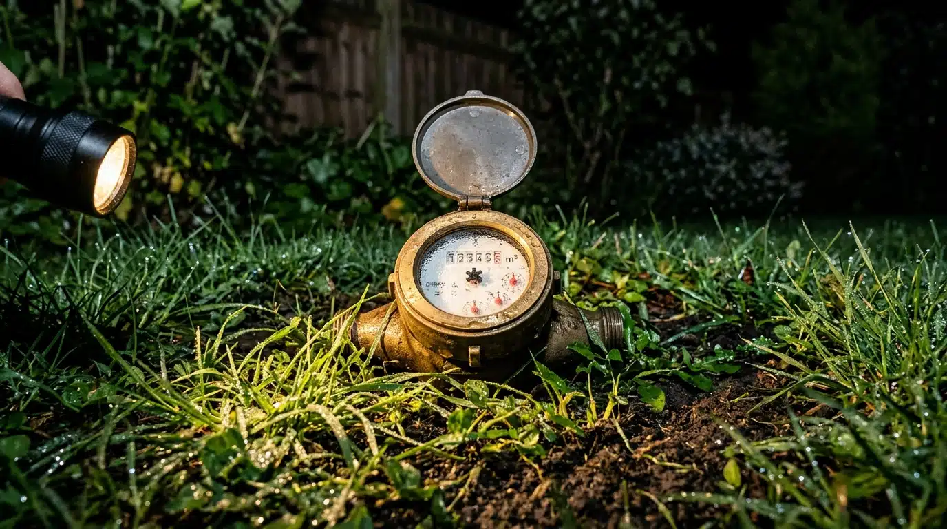 Compteur d'eau éclairé la nuit dans un jardin