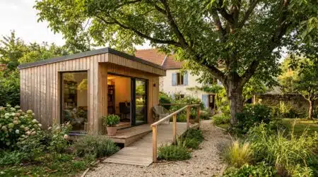 Studio de jardin en bois sous un grand noyer