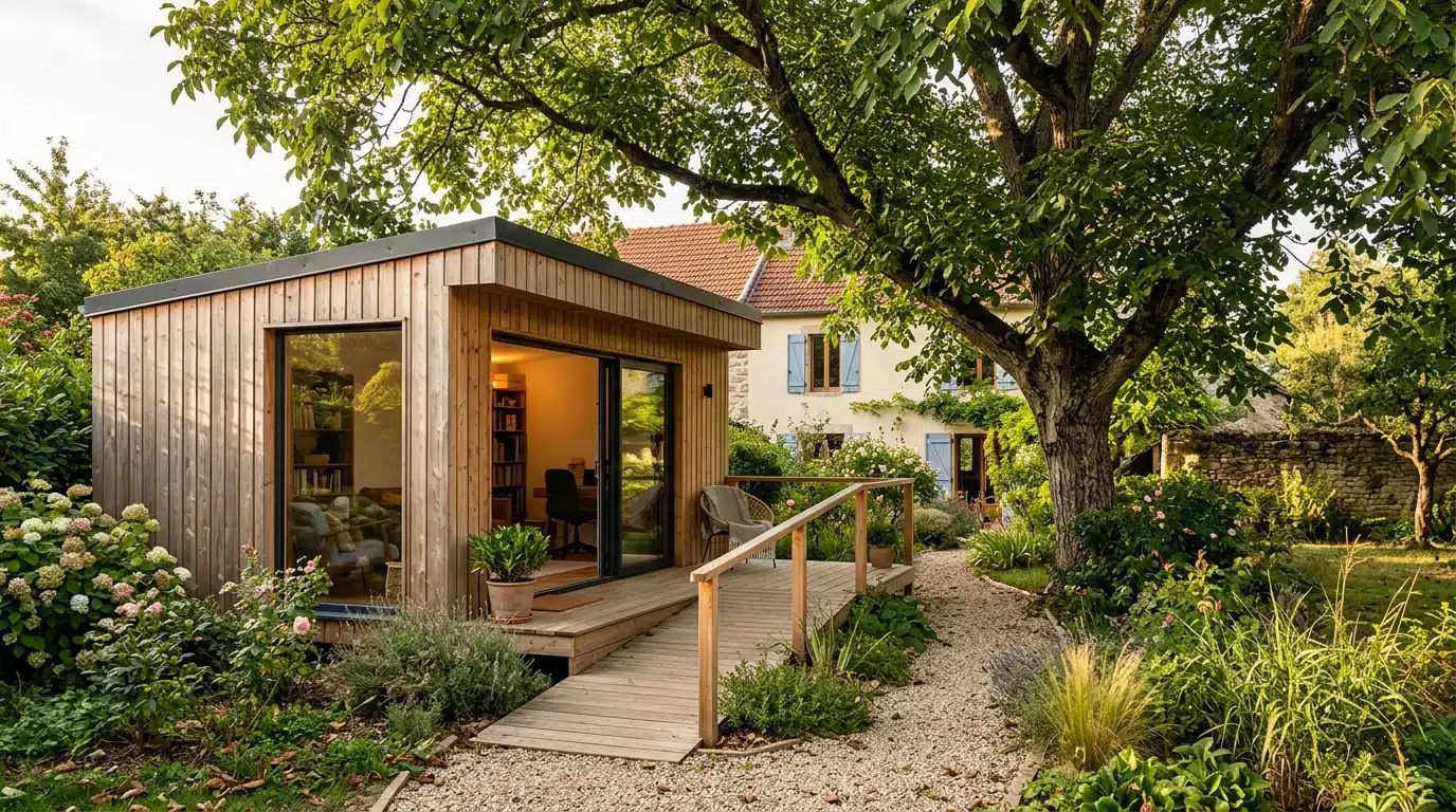 Studio de jardin en bois sous un grand noyer