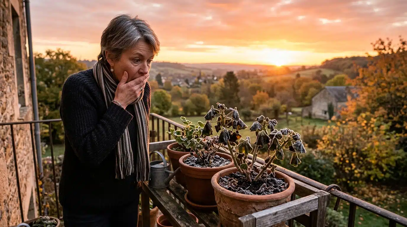 Femme découvrant ses géraniums noircis par le gel au matin