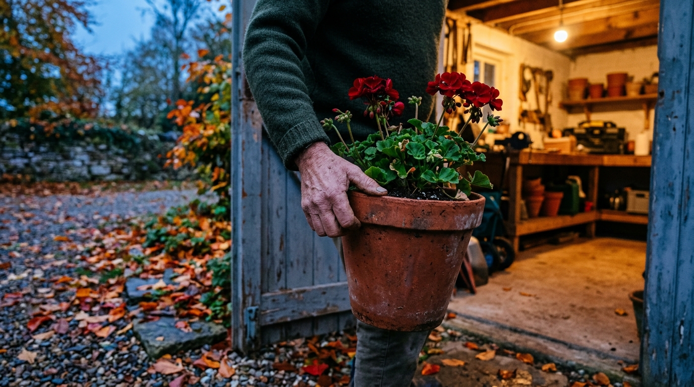 Rentrer un pot de géraniums dans le garage avant l'hiver