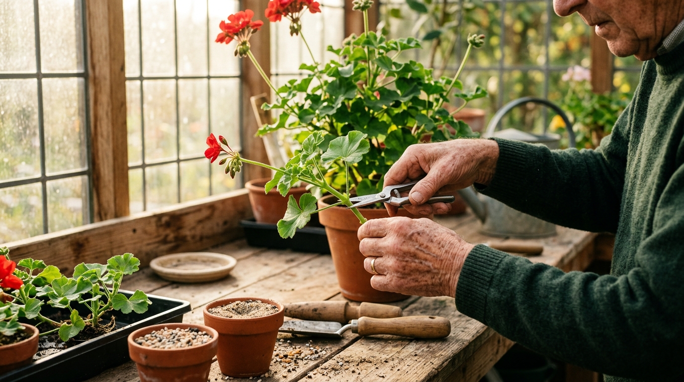 Bouturage de géranium sur une table de jardinage