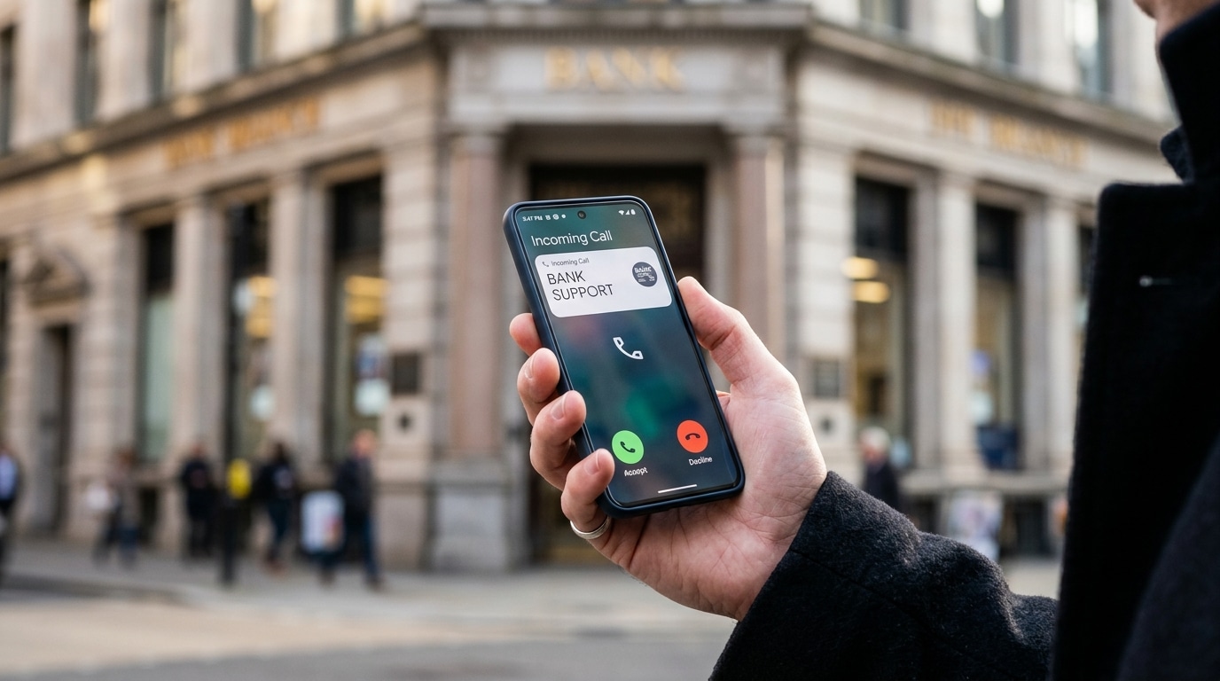 Smartphone affichant un appel entrant suspect imitant une banque