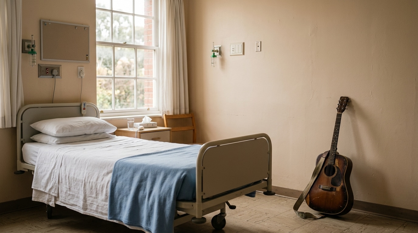 Chambre d'hôpital calme avec guitare posée près de la fenêtre