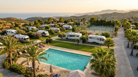 Piscine et palmiers d'un camping espagnol au soleil
