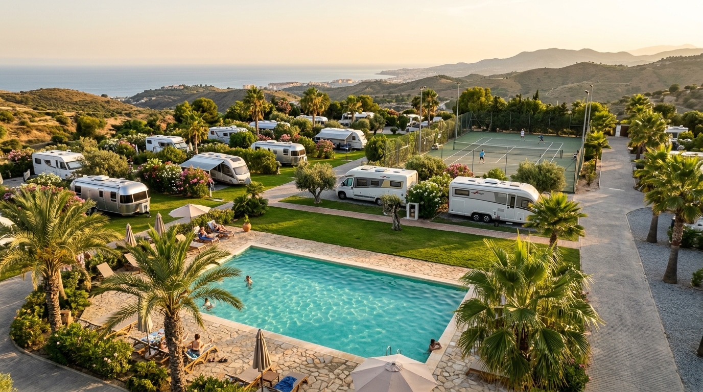 Piscine et palmiers d'un camping espagnol au soleil